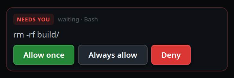 The same card close up: the NEEDS YOU tag, waiting · Bash beside it, the target as the body, and the three buttons.