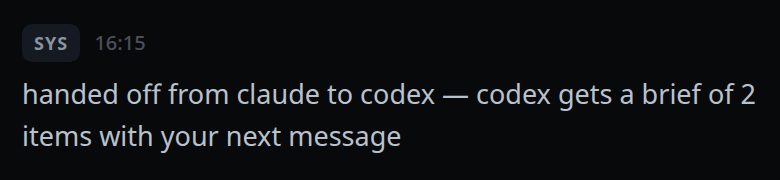 A system card in the transcript reading "handed off from claude to codex — codex gets a brief of 2 items with your next message".