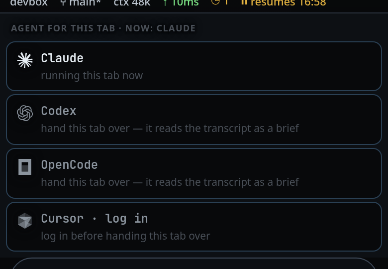 The agent menu open over the composer, headed AGENT FOR THIS TAB · NOW: CLAUDE, with Claude marked "running this tab now" and Codex and OpenCode offering to take the tab over.