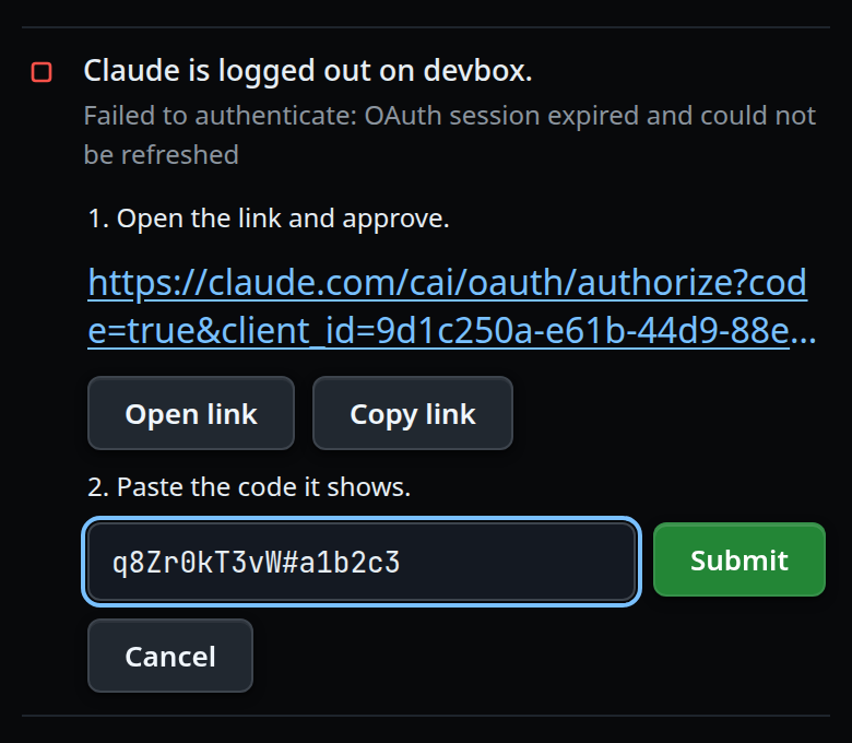 The Claude steps in the fault line: the link cut to two lines, Open link and Copy link, "2. Paste the code it shows.", the field with a pasted code, Submit and Cancel
