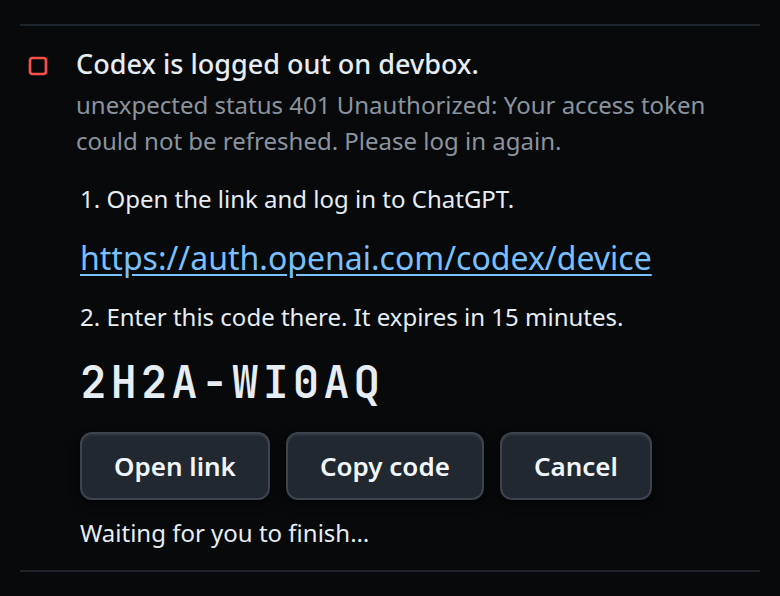 The Codex steps in the fault line: the device link, "2. Enter this code there. It expires in 15 minutes.", the code 2H2A-WI0AQ in large monospace, and Open link, Copy code and Cancel