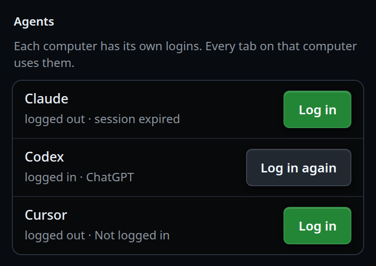 The Agents group: Claude "logged out · session expired" with Log in, Codex "logged in · ChatGPT" with Log in again, Cursor "logged out · Not logged in" with Log in