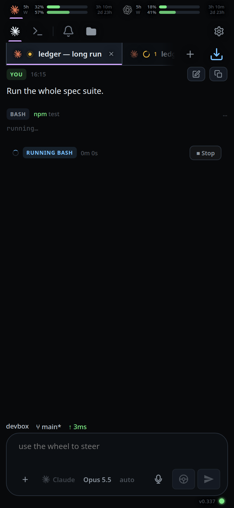 A running turn: the tool card reading BASH npm test, the activity card under it with RUNNING BASH, the elapsed time and a ■ Stop button.