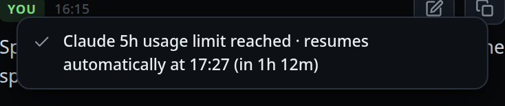 A toast repeating the full usage-limit line after the paused segment was tapped.