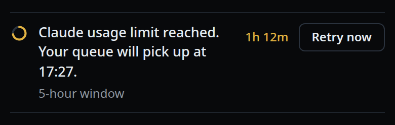 The usage line in the transcript: the amber ring, the sentence naming the agent and the time, the grey detail, the countdown and Retry now.