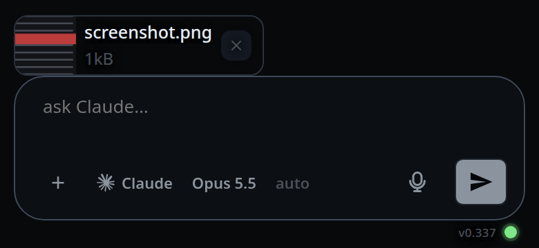 A picked image staged as a chip above the composer, with its thumbnail, name and size.