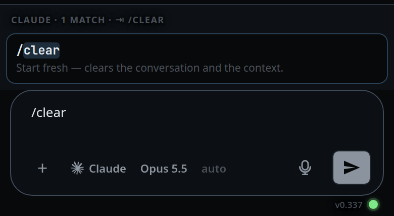 The slash menu showing one match, /clear, with its description, above the box holding /clear.