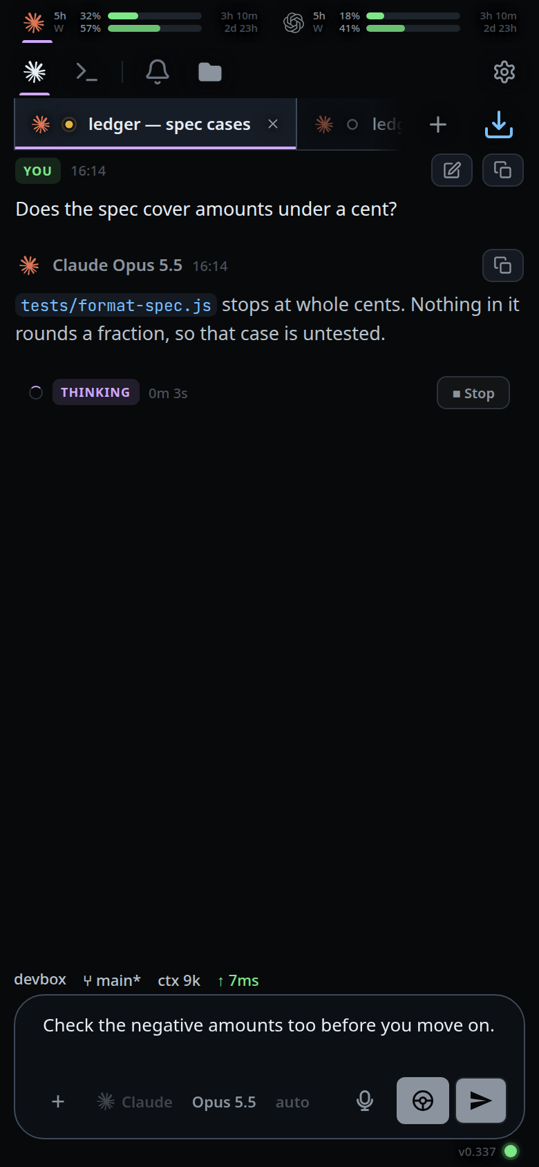 The same tab after edit: the queued card is gone and its text is back in the composer.