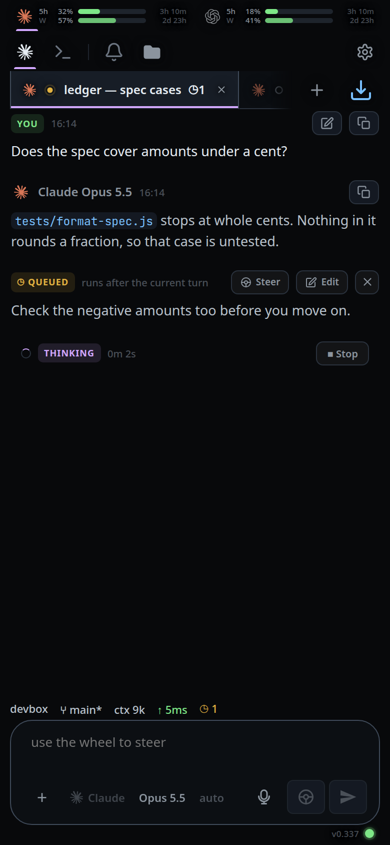 The queued card under the last reply, with steer, edit and × on its head row, while the turn below it still runs.