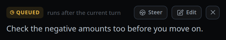 The queued message in the transcript, tagged QUEUED and noting that it runs after the current turn.