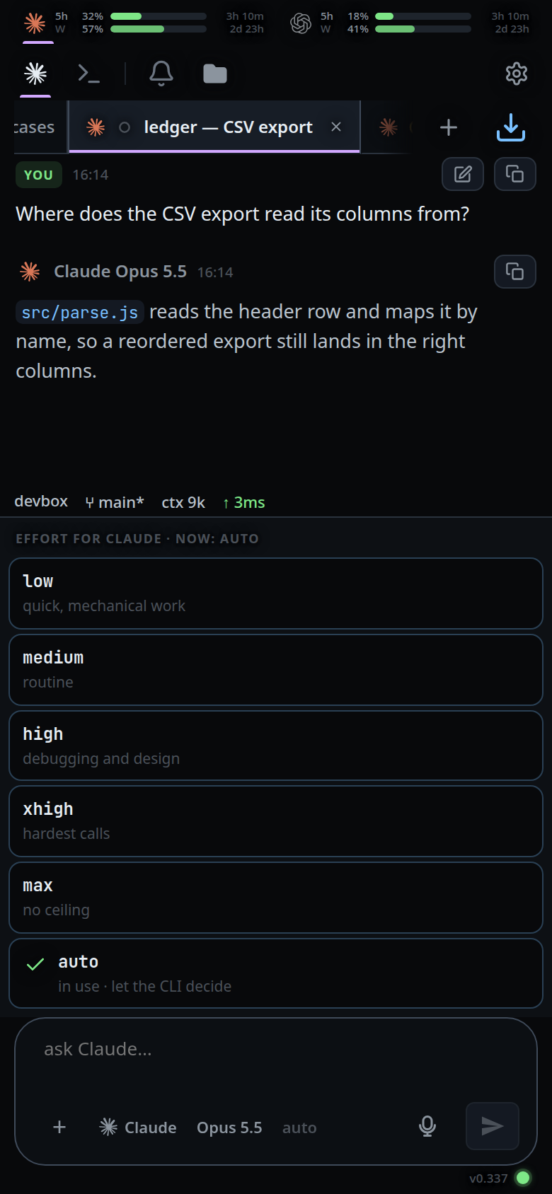 The effort menu open above the composer, listing low, medium, high, xhigh, max and auto with a note on each, and a green tick on the one in use.