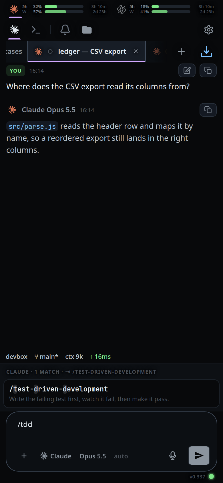 The menu filtered to one row by /tdd, with the matched letters highlighted and the header offering it to Tab.