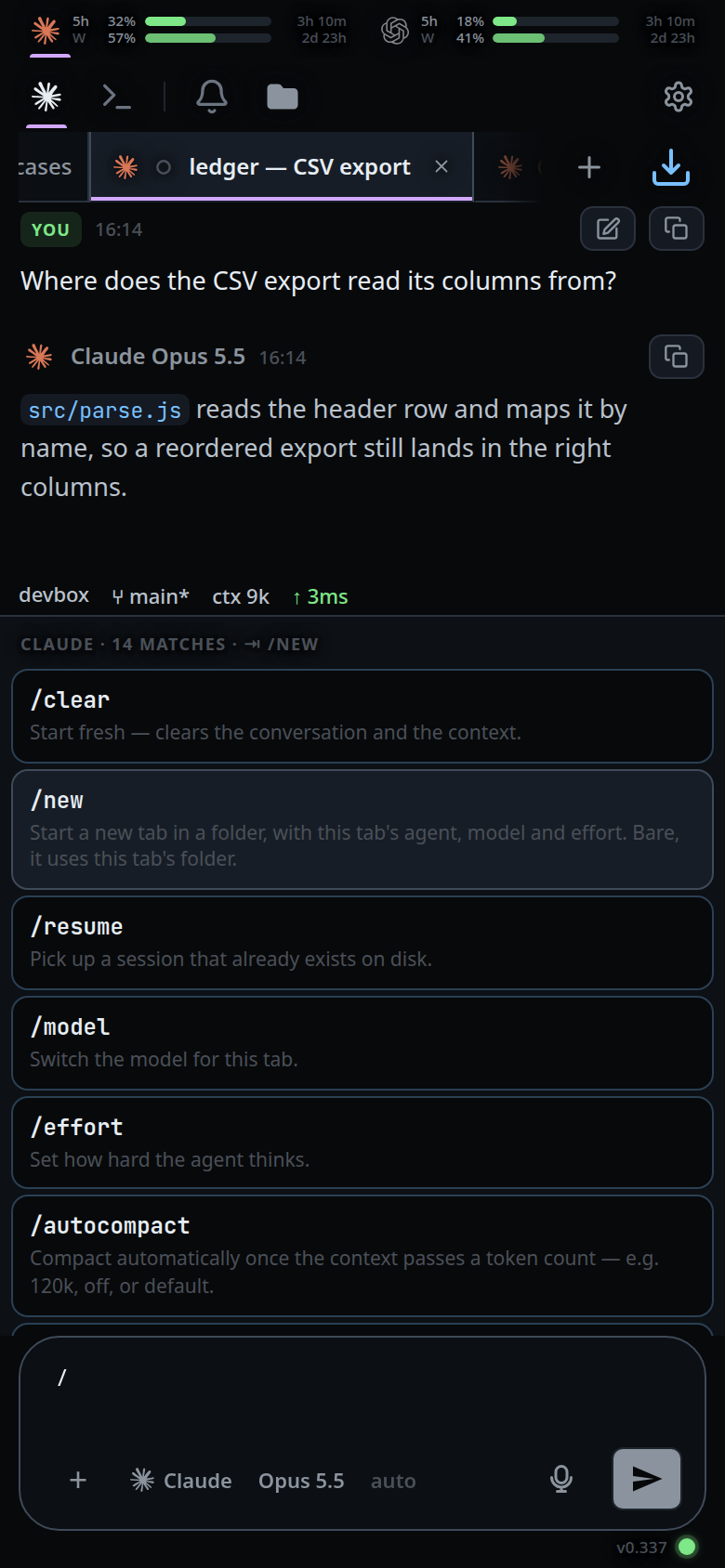 The menu with the second row selected, its border and background lit, and the header hint reading ⇥ /new.