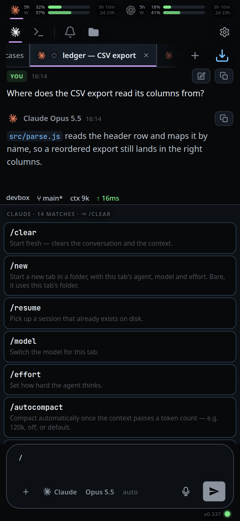 The slash menu open above the composer, listing /clear, /new, /resume, /model, /effort and /autocompact.