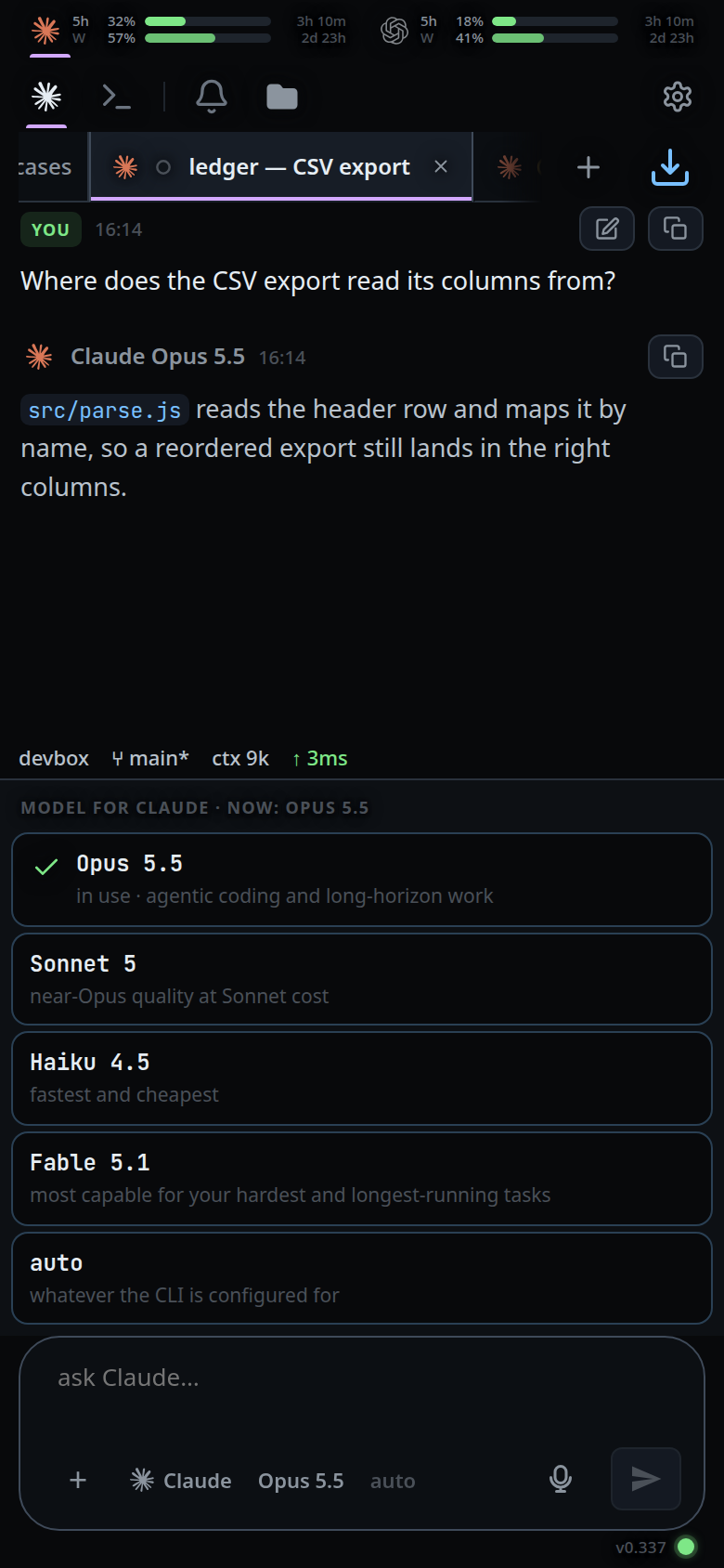 The model menu open above the composer, with Opus 5.5, Sonnet 5, Haiku 4.5, Fable 5.1 and auto, a green tick on the one in use, and the header naming it.