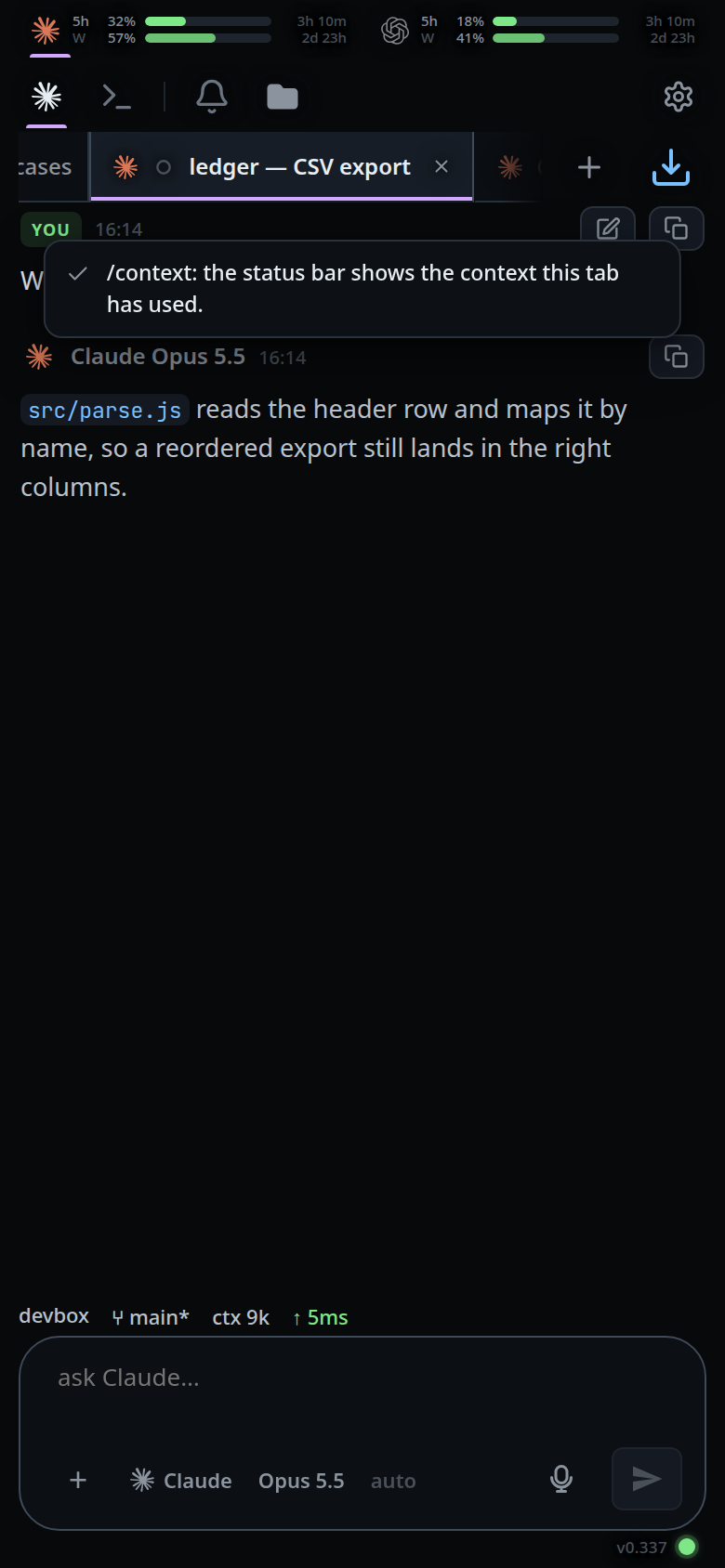 A toast over the transcript reading "/context: the status bar shows the context this tab has used."