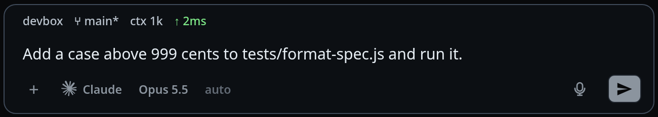 The last prompt back in the box, the send button lit.