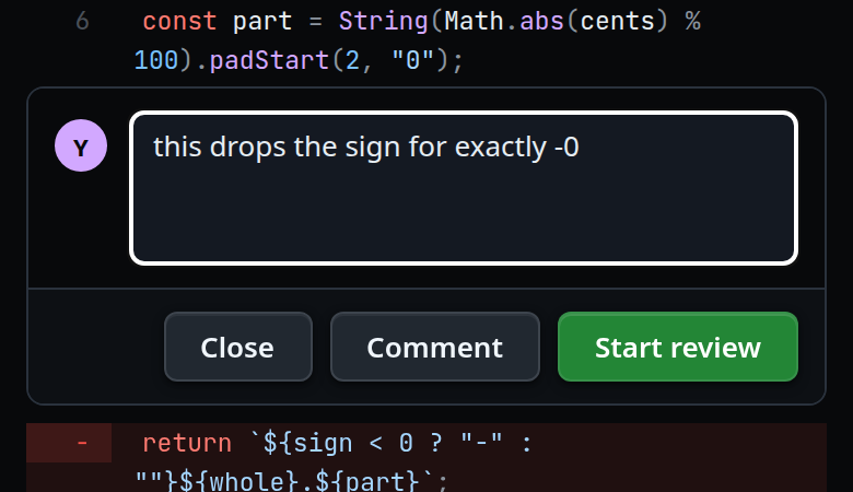 The comment box open under line 6, holding a sentence, with close, comment and start review under it