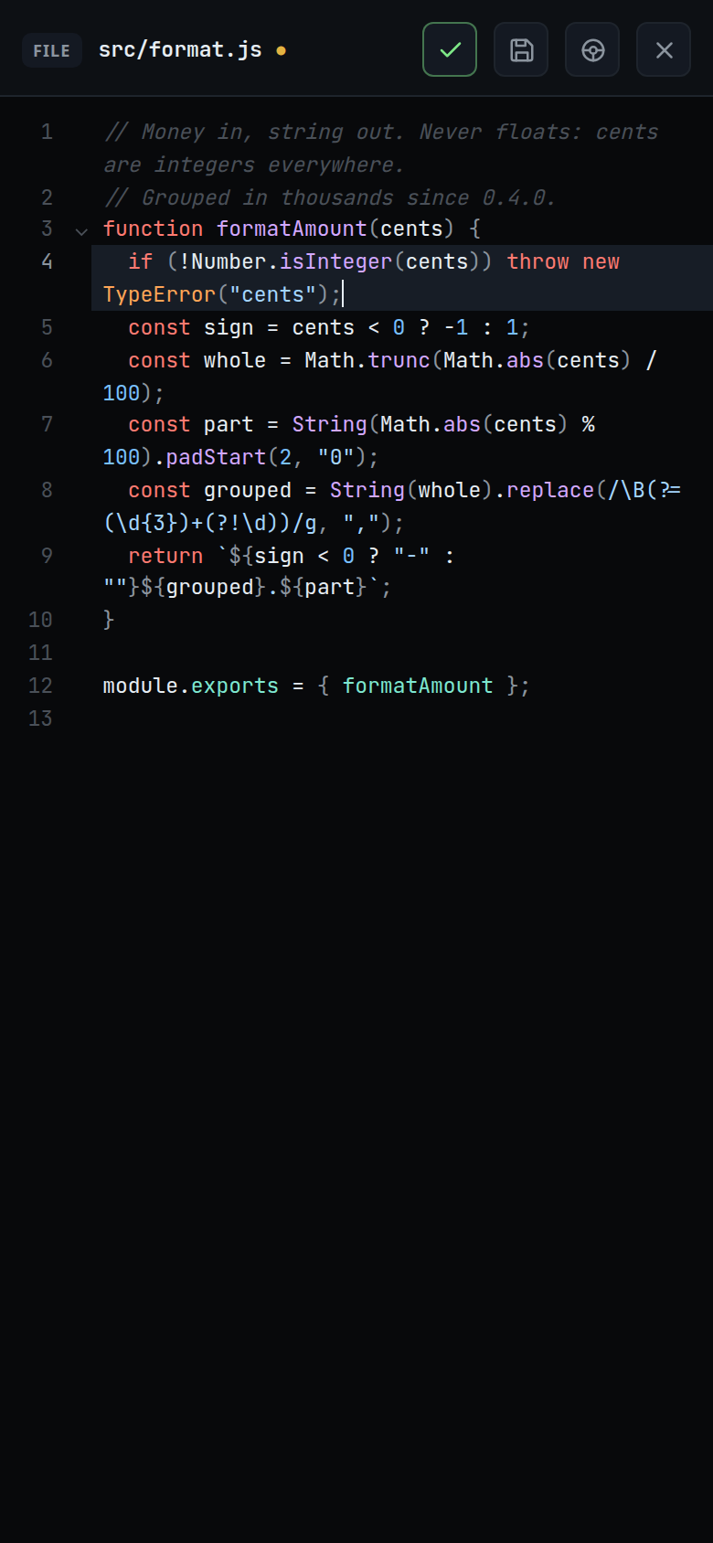 A JavaScript file in edit mode: the green tick and the save button in the head, a dot after the path for unsaved edits, and the edited line under the cursor