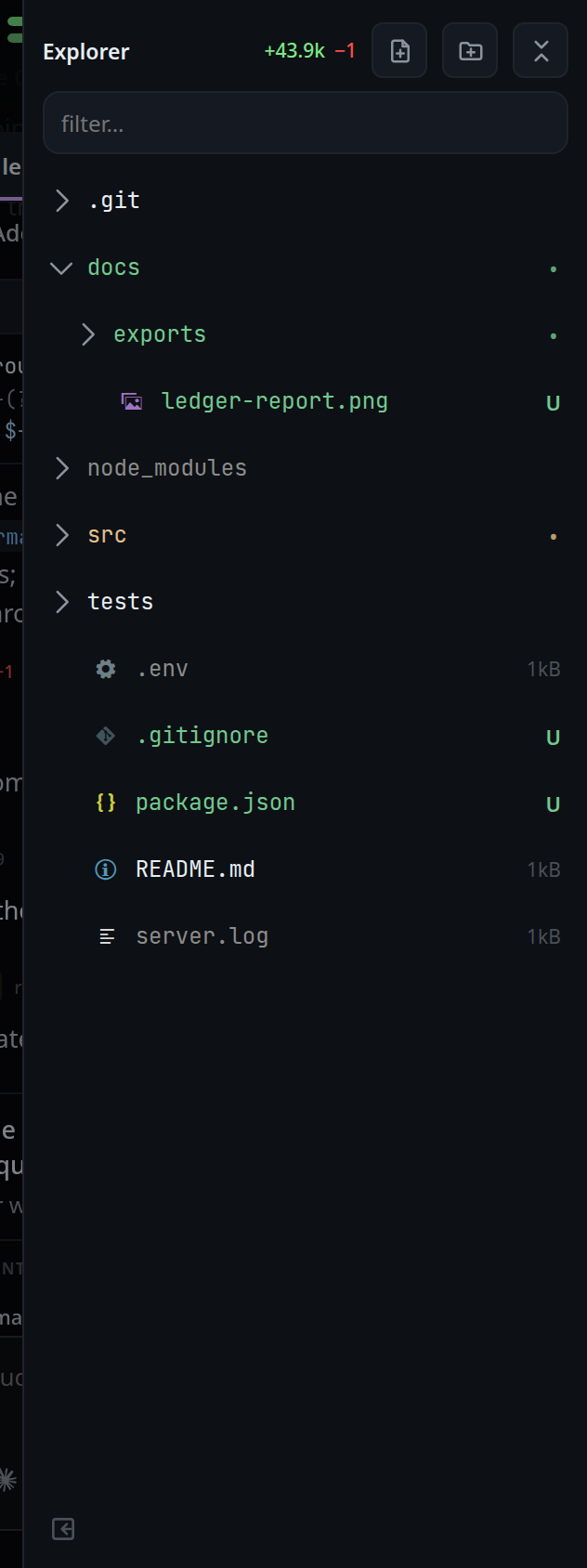 The explorer on a phone: docs in green with a dot, an untracked PNG with U, src in amber with a dot, node_modules, .env and server.log in grey