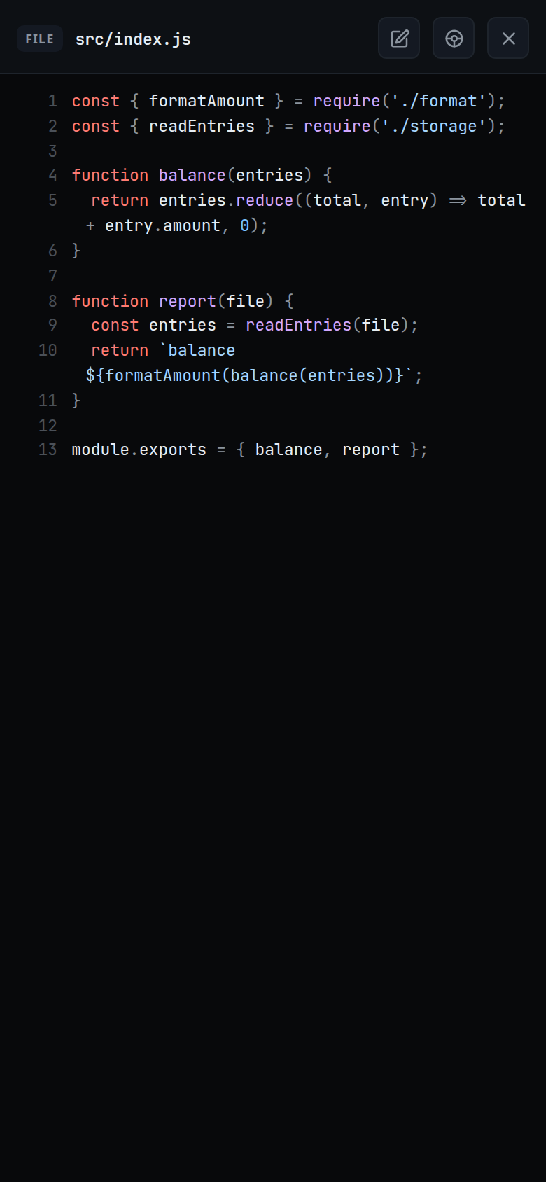 A JavaScript file in the viewer, every line numbered and coloured, with the path in the head