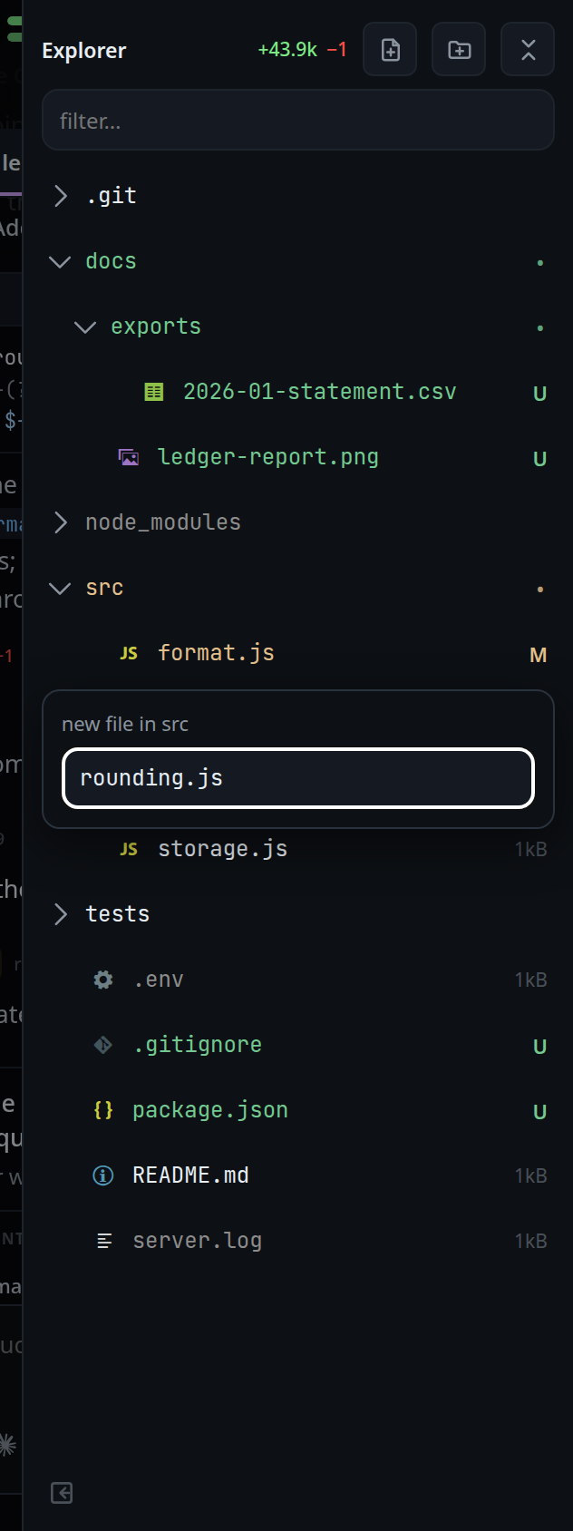 The name box in the menu, headed new file in src, holding a file name