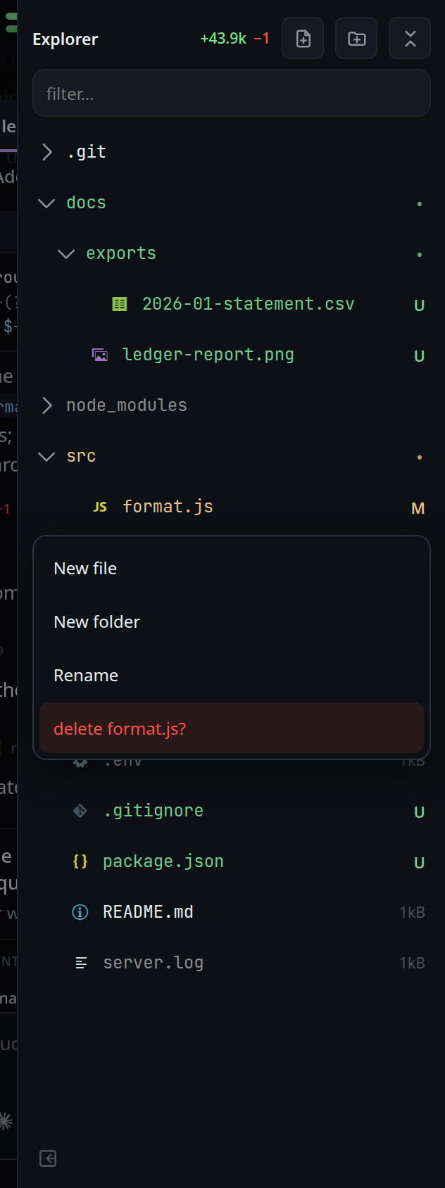 The menu with Delete armed: the item red, reading delete format.js?