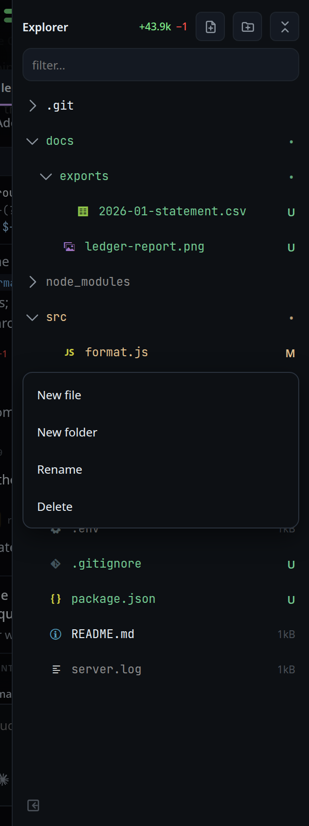 The row menu open under src/format.js: New file, New folder, Rename and Delete