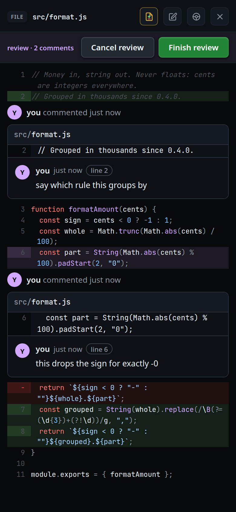 Two comments in one file: the bar at the top of the viewer, and each comment as a review card under the line it is about
