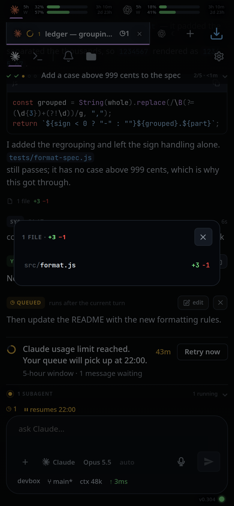The files popup over the transcript: 1 FILE · +3 −1, and one row for src/format.js with its own counts