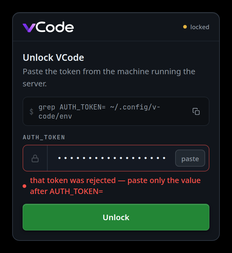 The card after a wrong token: the field has a red edge, holds masked characters, and the line under it reads "that token was rejected — paste only the value after AUTH_TOKEN=".