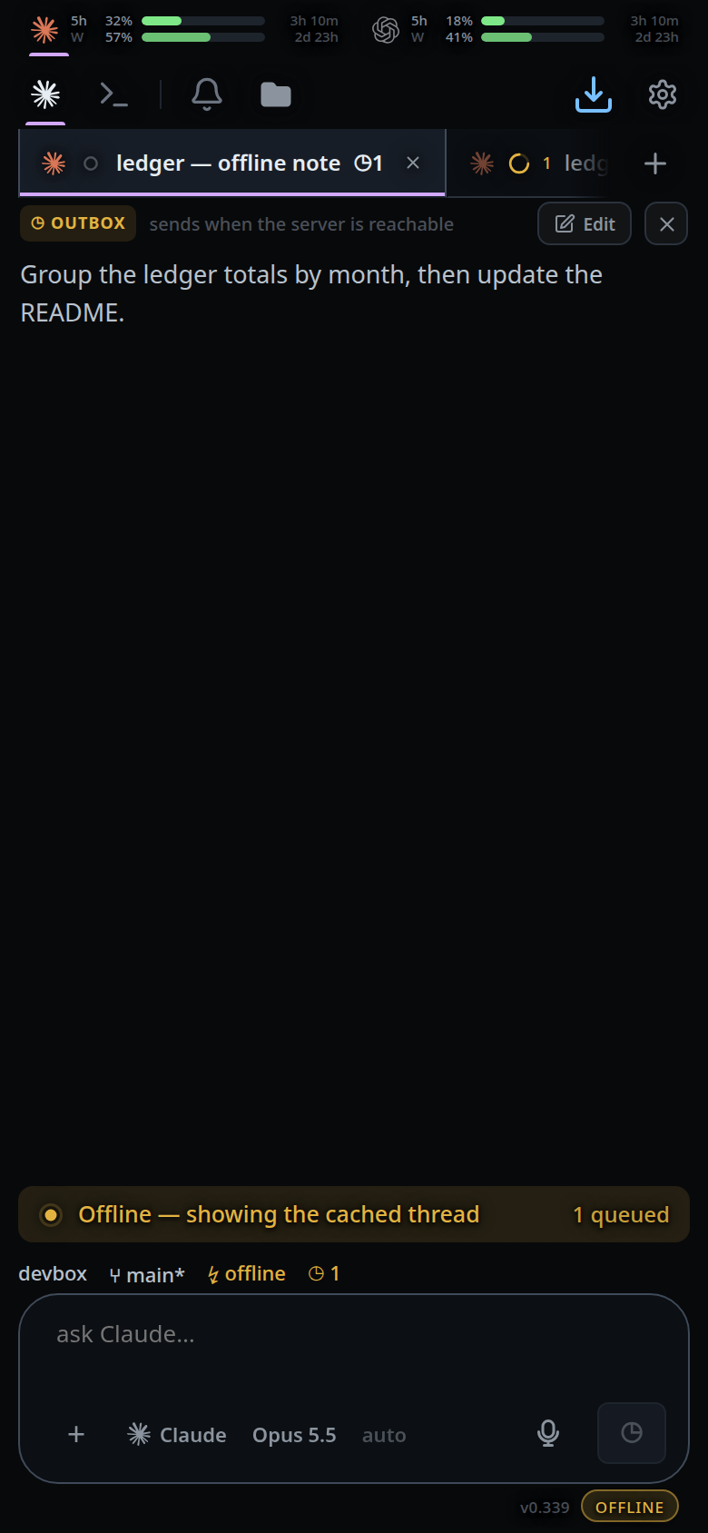 The thread with one outbox row at the top, the offline banner counting 1
queued, and the tab carrying the same count