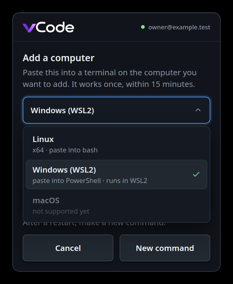 The system list open, Windows (WSL2) checked