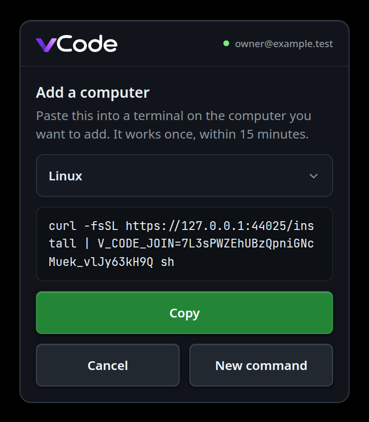 The Linux command on the Add a computer screen