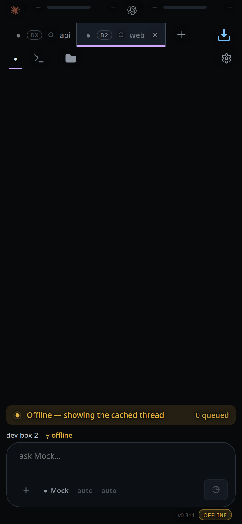 The web tab on dev-box-2, stopped: the offline banner, and dev-box-2 offline on the composer's bottom row