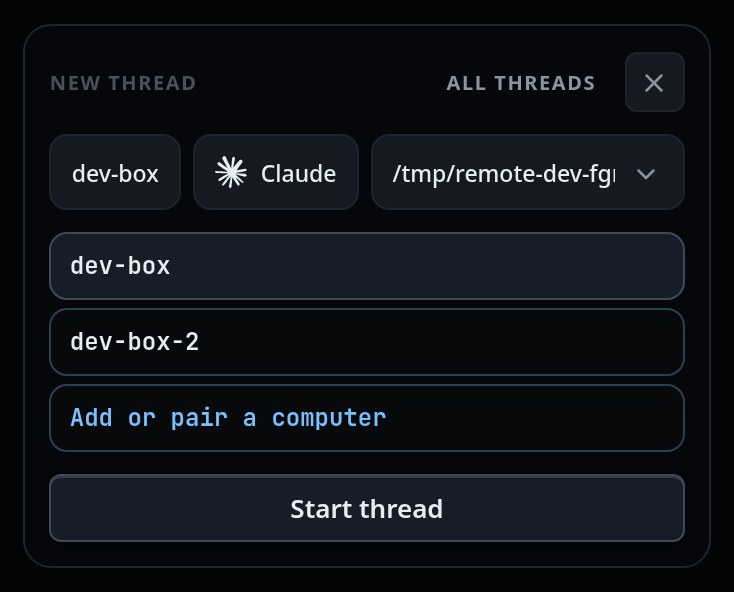 The New thread card with the box pick open: dev-box, dev-box-2, and "Add or pair a computer"