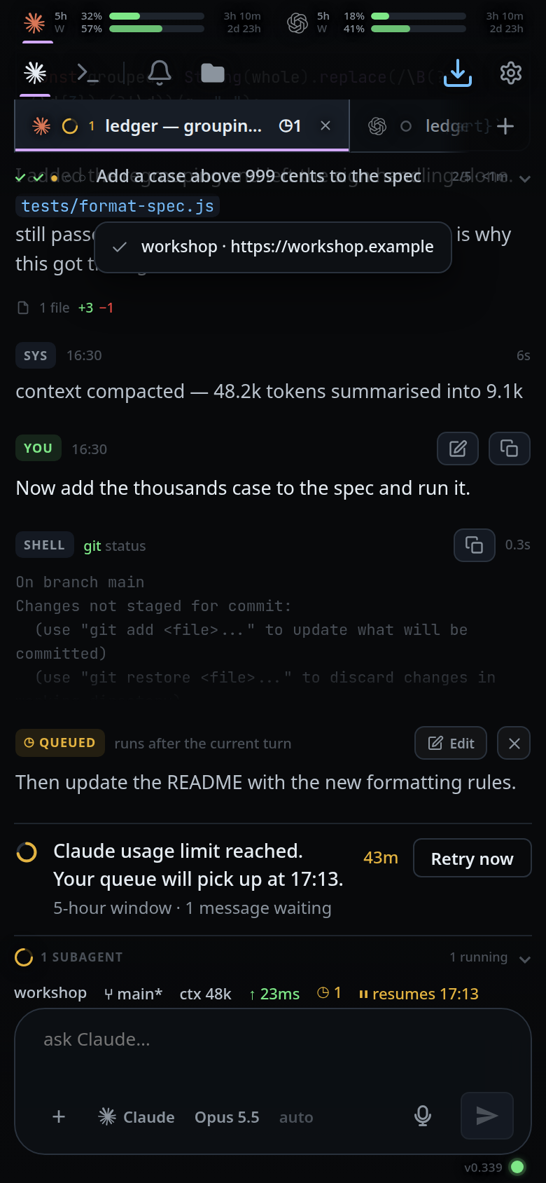 A toast reading "workshop · https://workshop.example" under the top band.