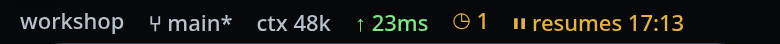 The status bar with "workshop" as its first segment, ahead of the branch, the context and the latency.