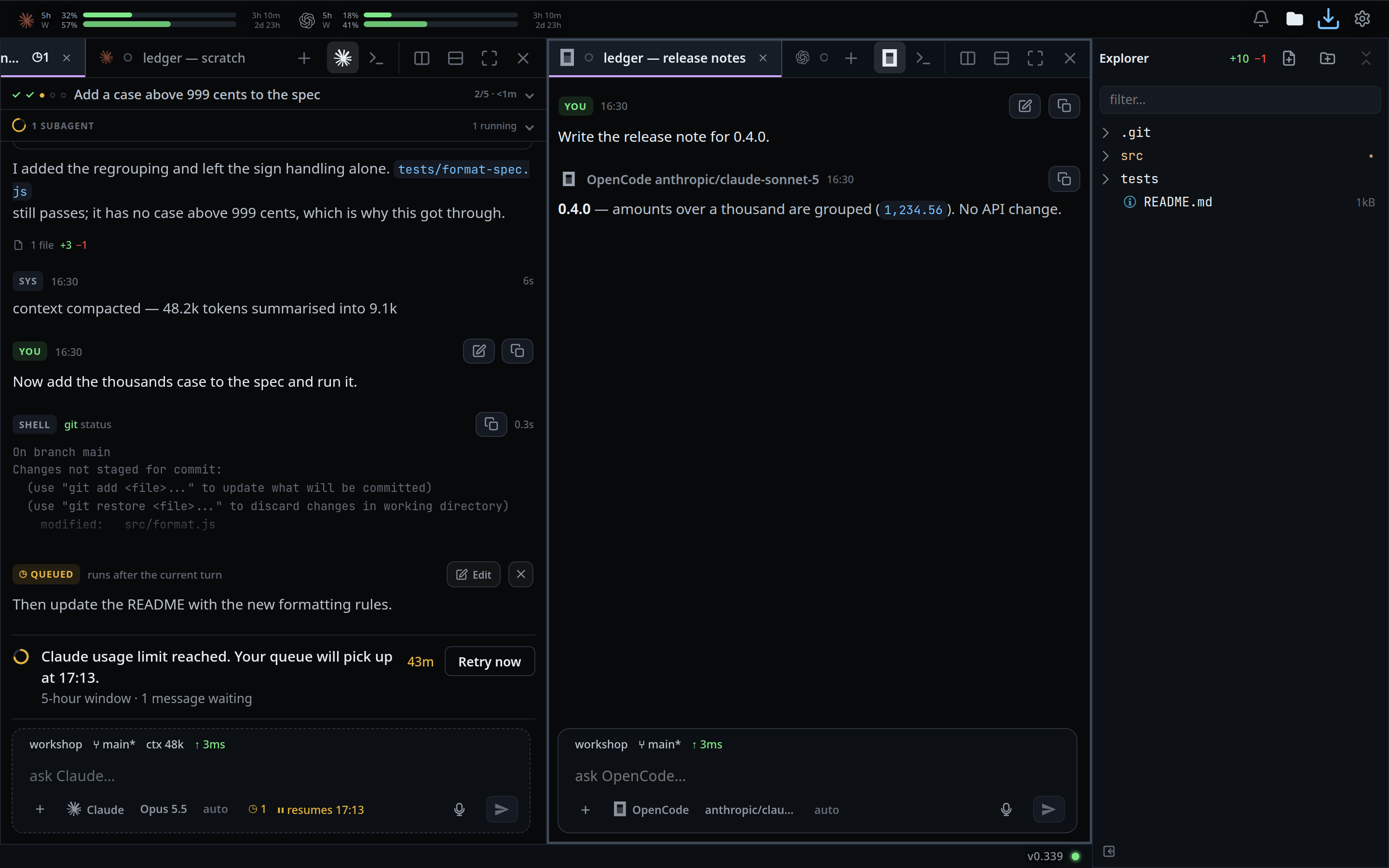 The dragged tab now first in the right pane's strip, the left pane down to one tab.