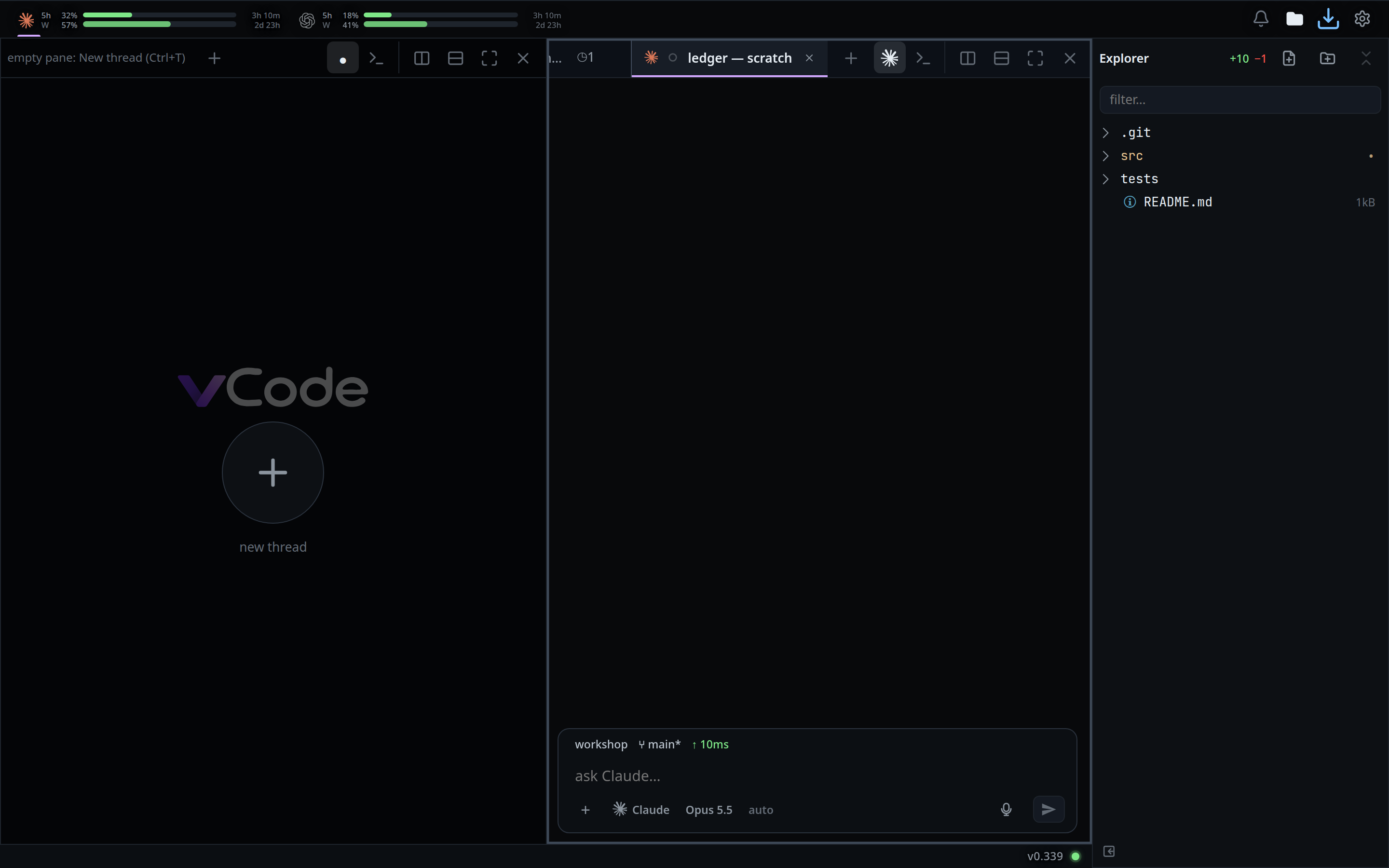 The left pane empty after its last tab was dragged out, darker than the pane beside it: the VCode logo, a round plus and "new thread" in the middle, no footer, the right pane holding every tab.