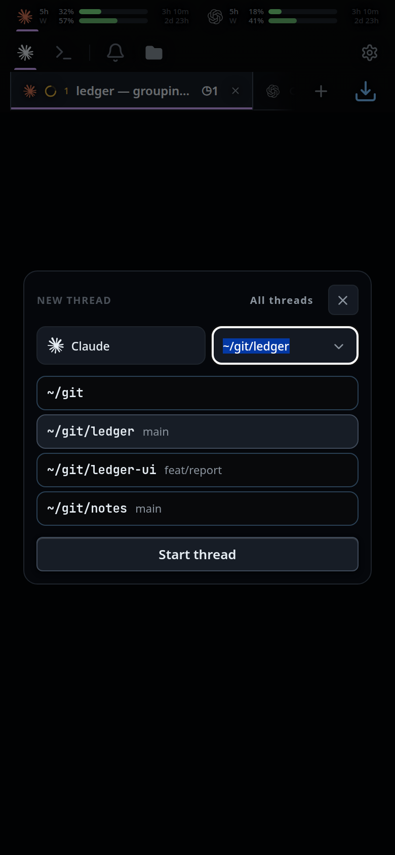 The new-thread card open over the new-thread page, two layers deep.