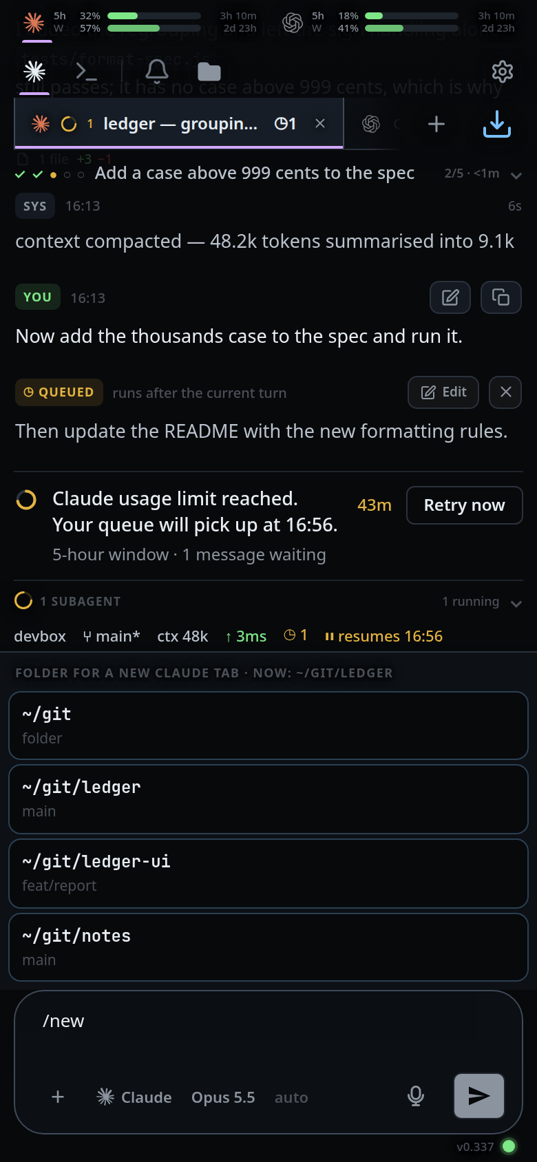 The slash menu above the composer, listing folders with their branches under a header naming the current one.