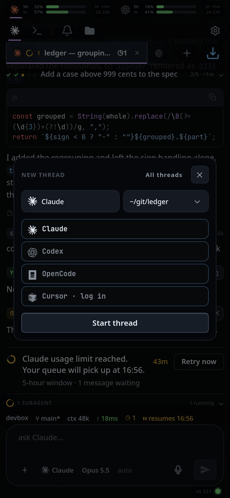 The agent list open under the button, with Claude, Codex and OpenCode.