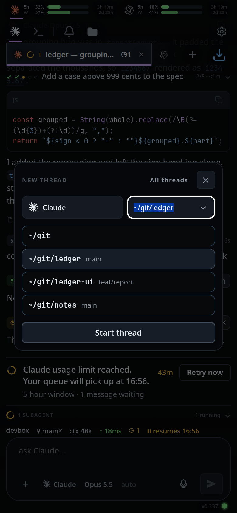The new-thread card: the agent button, the folder box with its list already open, and Start thread.
