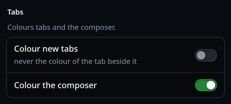 The Tabs group in the settings sheet: its two switches in one panel, each with its label on the left.