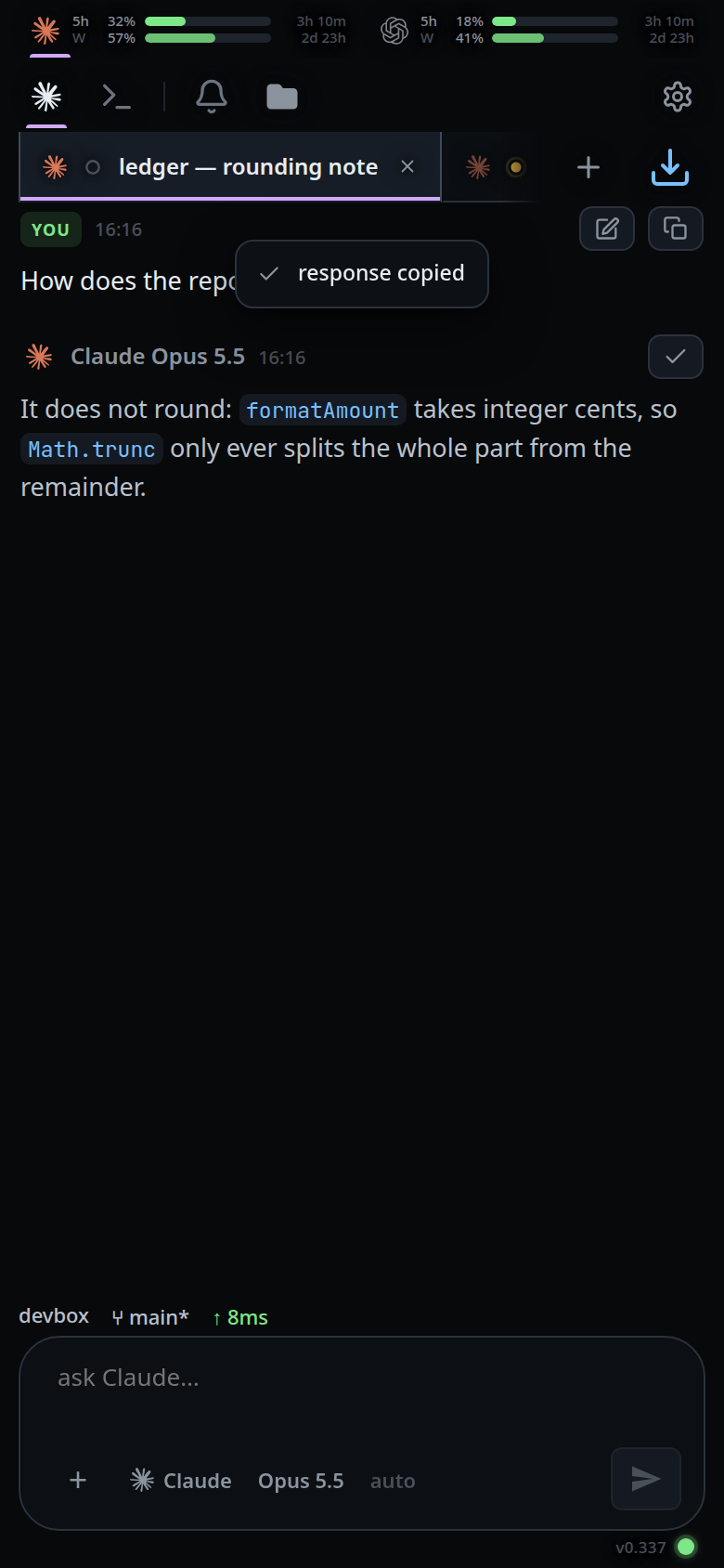 The reply's copy icon has turned into a tick and the toast reads response copied