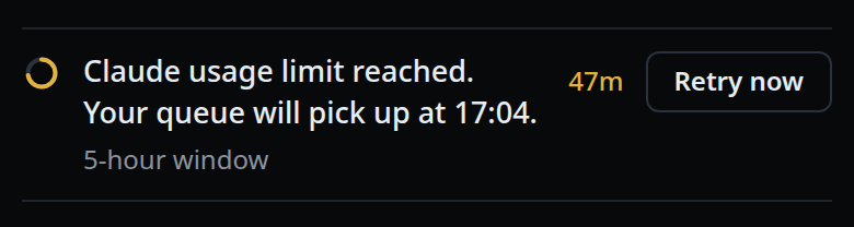 The usage line close up: the amber ring, the sentence saying when the queue picks up, the countdown and the Retry now button