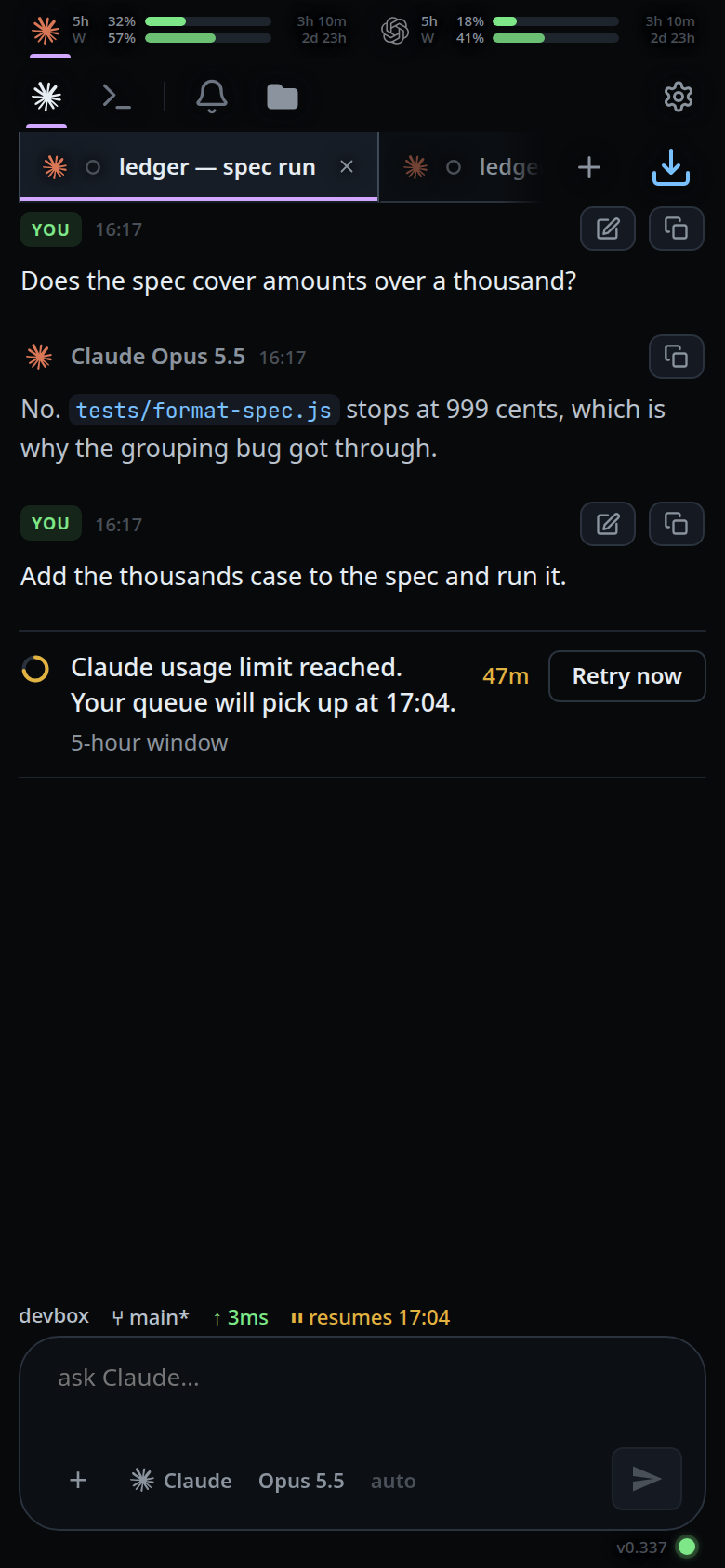 A thread whose last turn hit a usage limit: the fault line at the end of the transcript with an amber ring, and the status bar reading resumes 09:05