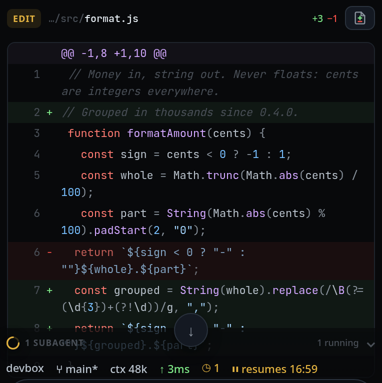 An EDIT card opened: line numbers down the left, a + and a − column, and the JavaScript coloured on green and red rows