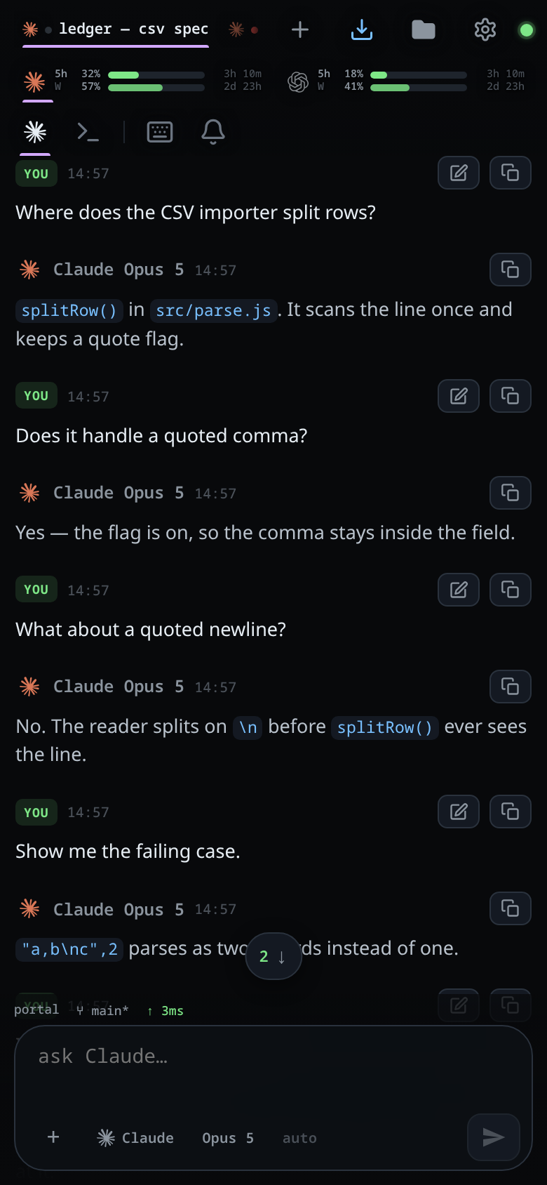 A transcript scrolled back several exchanges, with the pill sitting just above the composer
